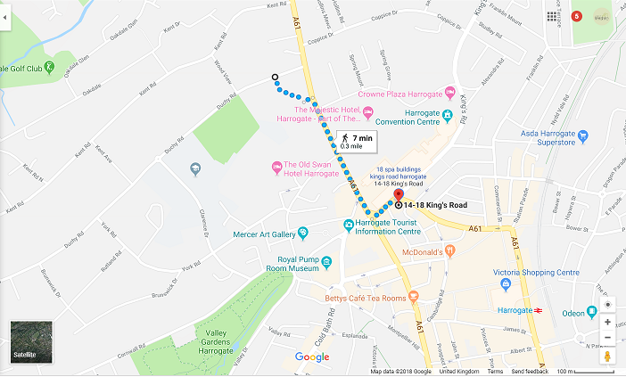 Google map directions from Harrogate Lifestyle Apartments to Duchy Road FREE on-street car parking